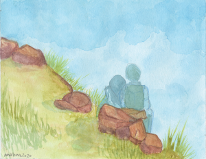 watercolor of two figures sitting on rocks looking at the sky