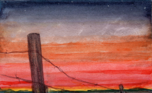 mwatowa, 2020, watercolor, wooden fence in front of vibrant sunset.