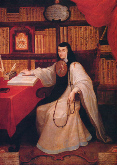 Sor Juana Inés de la Cruz aparece sentada frente a su biblioteca junto a un escritorio con la mano sobre un libro abierto. Lleva el hábito jerónimo y un medallón en el pecho con una imagen de la Asunción. En la otra mano tiene un rosario.