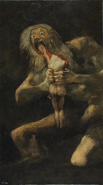 Con los ojos desorbitados, la boca abierta, y las manos ensangrentadas, el dios Saturno devora el pequeño cuerpo desnudo de uno de sus hijos.
